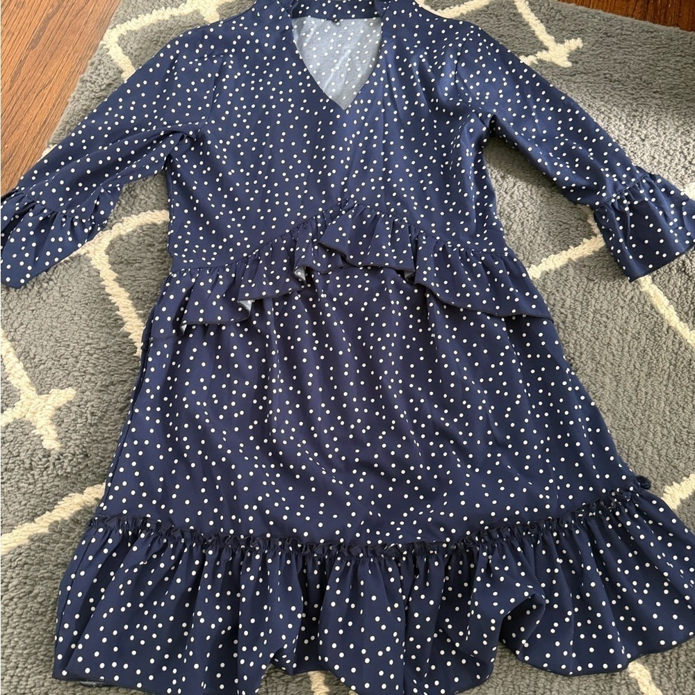 SHEIN Navy/White Polka Dot Print Flounce Sleeve Ruffle Hem Smock Dress - Picture 8 of 13